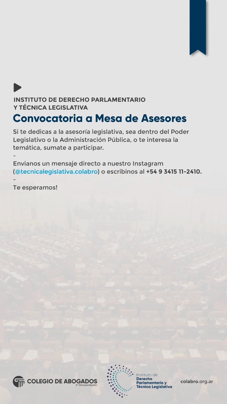 CONVOCATORIA A MESA DE ASESORES DEL INSTITUTO DE DERECHO PARLAMENTARIO Y TÉCNICA LEGISLATIVA